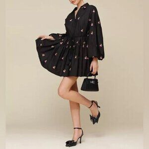 Avec Les Filles Women's Embroidered Ruffled-Hem Shirt Dress Black Sz 12 NWT